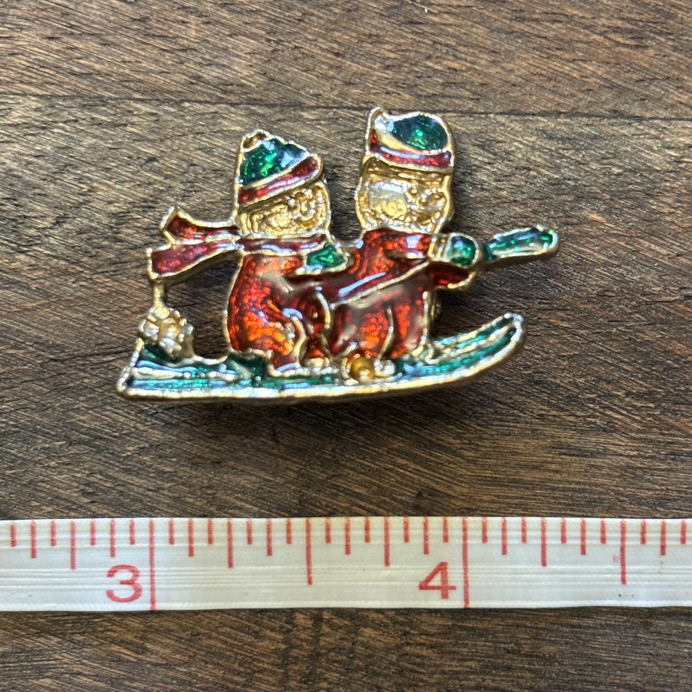 Winter Snowmen Sledding Enamel Pin Brooch Gold Tone